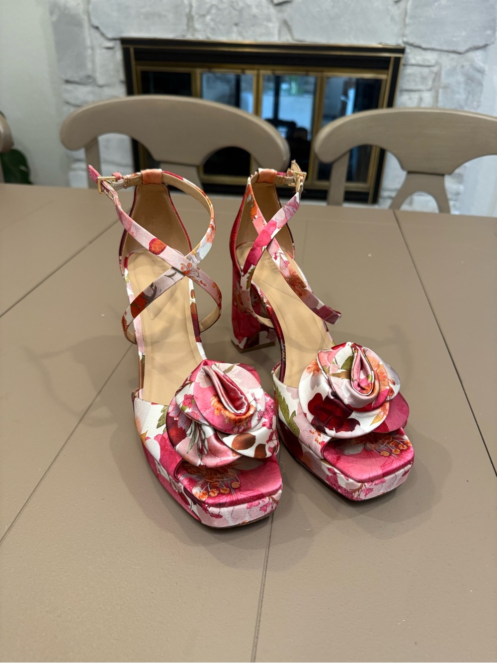 Ted Baker Floral Pink Platform Block-Heel Sandals with Rose Accent